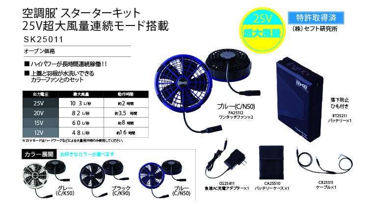 空調服 54040 25Vファン・バッテリーフルセット SK25011 Jawin